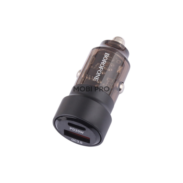 Автомобильное зарядное устройство USB/Type-C Borofone BZ20 (38W, QC3.0, PD, 1Type-C, 1USB, прозрачный корпус) Черный